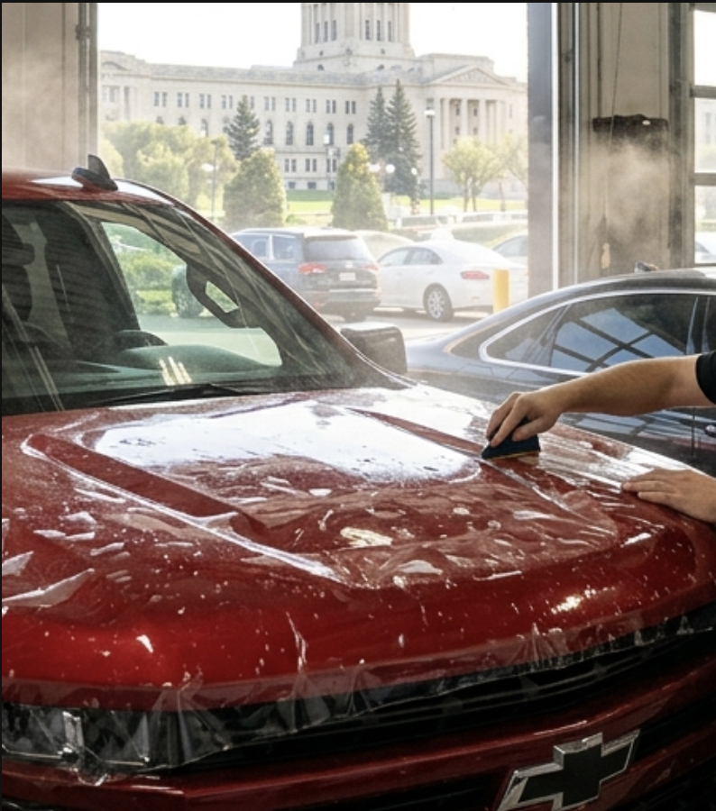 PPF squeegee application on hood